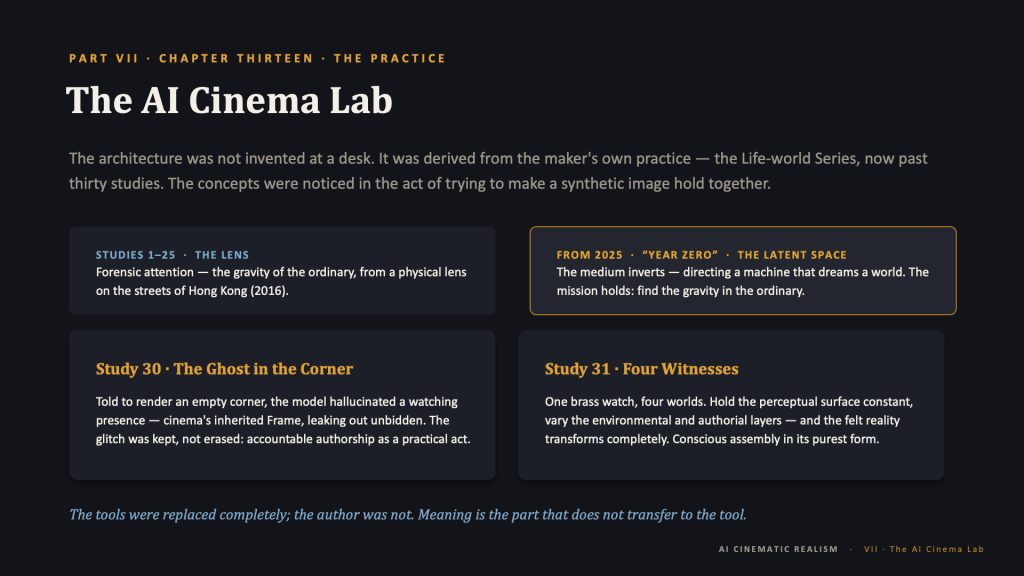 Content slide, dark background. Amber eyebrow: "PART VII · CHAPTER THIRTEEN · THE PRACTICE." Title: "The AI Cinema Lab." Intro in muted gray: "The architecture was not invented at a desk. It was derived from the maker's own practice — the Life-world Series, now past thirty studies. The concepts were noticed in the act of trying to make a synthetic image hold together." Below, four panels in a 2×2 arrangement. The top two mark the two eras: left, blue label "STUDIES 1–25 · THE LENS — Forensic attention — the gravity of the ordinary, from a physical lens on the streets of Hong Kong (2016)"; right, amber-outlined, amber label "FROM 2025 · 'YEAR ZERO' · THE LATENT SPACE — The medium inverts — directing a machine that dreams a world. The mission holds: find the gravity in the ordinary." The bottom two describe two studies, each with an amber serif heading and white text: "Study 30 · The Ghost in the Corner — Told to render an empty corner, the model hallucinated a watching presence — cinema's inherited Frame, leaking out unbidden. The glitch was kept, not erased: accountable authorship as a practical act." "Study 31 · Four Witnesses — One brass watch, four worlds. Hold the perceptual surface constant, vary the environmental and authorial layers — and the felt reality transforms completely. Conscious assembly in its purest form." Blue italic caption beneath: "The tools were replaced completely; the author was not. Meaning is the part that does not transfer to the tool." Footer: "AI CINEMATIC REALISM · VII · The AI Cinema Lab."