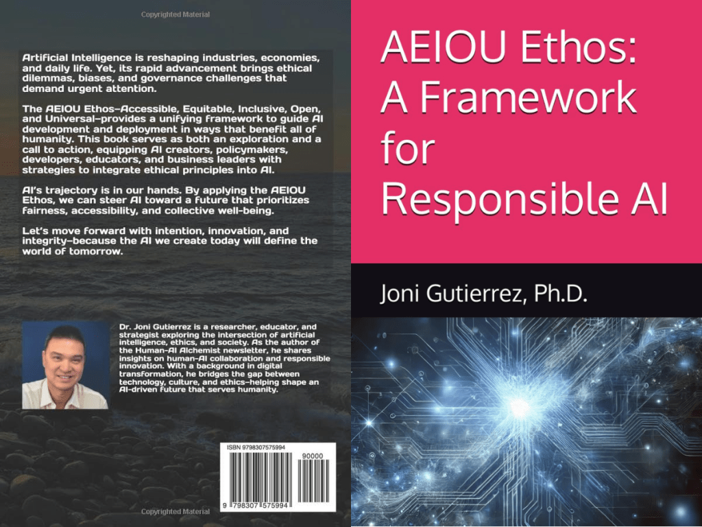 Full paperback cover for AEIOU Ethos: A Framework for Responsible AI by Joni Gutierrez, Ph.D. The bright pink front cover features the large white title above a black author band and a glowing blue circuit-board image suggesting AI and human connection. The dark back cover uses an ocean-wave background with white summary text about the AEIOU framework—Accessible, Equitable, Inclusive, Open, and Universal—plus an author photo, biography, ISBN barcode, and “Copyrighted Material” notices.