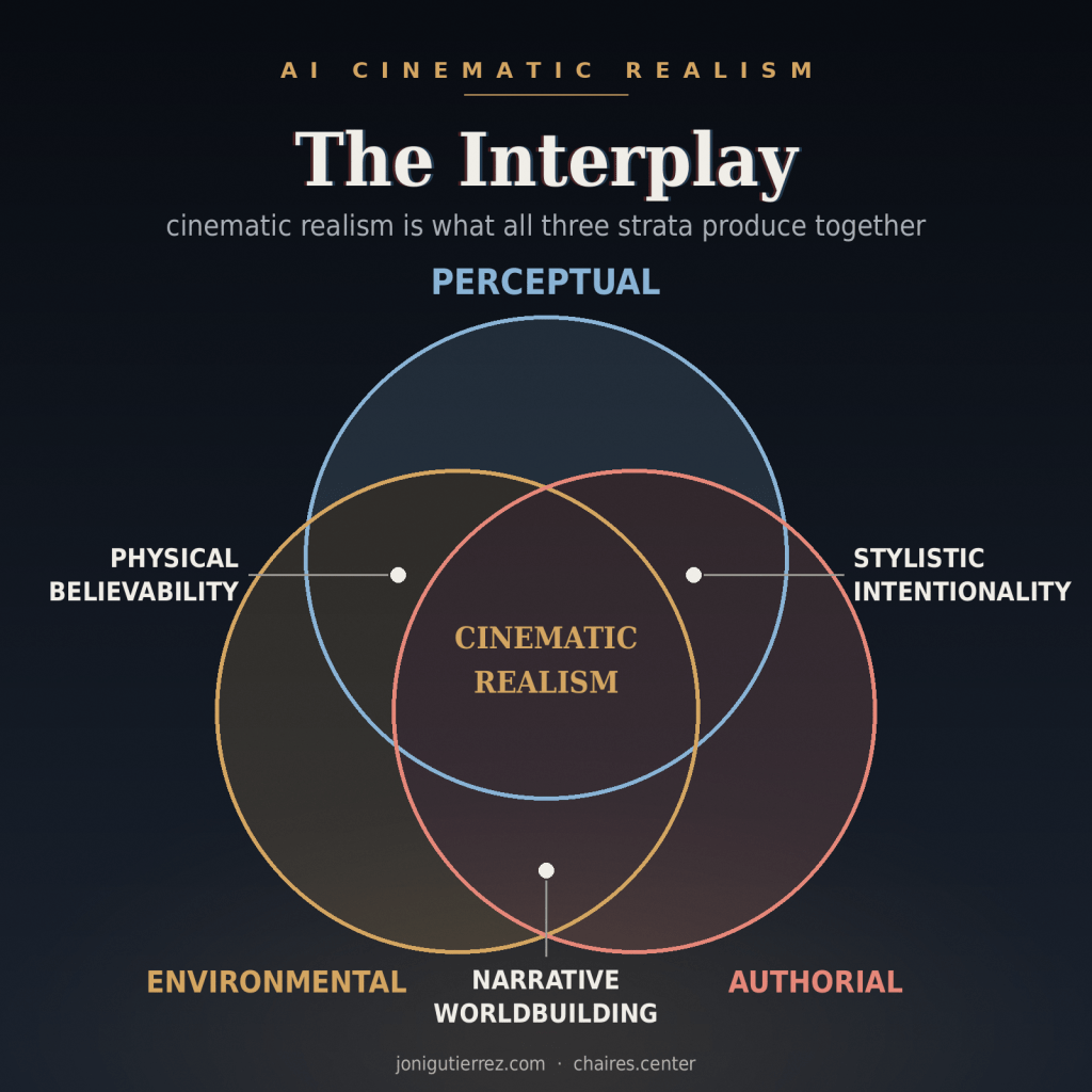 AI Cinematic Realism (AICR) Venn diagram: The Interplay — cinematic realism is what all three strata produce together. Three overlapping circles labeled Perceptual (blue), Environmental (amber), and Authorial (rose). Pairwise overlaps are labeled Physical Believability (perceptual + environmental), Stylistic Intentionality (perceptual + authorial), and Narrative Worldbuilding (environmental + authorial), with Cinematic Realism at the center where all three meet.