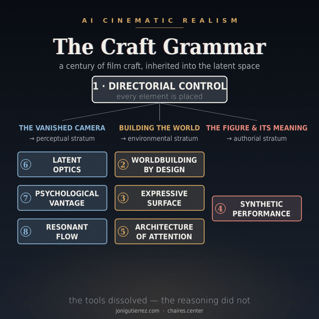 AI Cinematic Realism (AICR) chart: The Craft Grammar — a century of film craft inherited into the latent space. Directorial Control (1: every element is placed) branches into three stratum groups: The Vanished Camera, serving the perceptual stratum (6 Latent Optics, 7 Psychological Vantage, 8 Resonant Flow); Building the World, serving the environmental stratum (2 Worldbuilding by Design, 3 Expressive Surface, 5 Architecture of Attention); and The Figure & Its Meaning, serving the authorial stratum (4 Synthetic Performance). The tools dissolved — the reasoning did not.