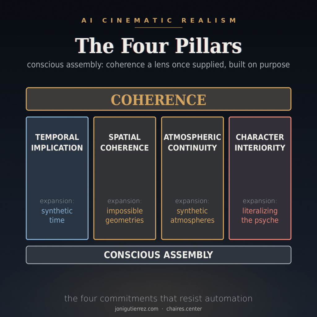 AI Cinematic Realism (AICR) diagram: The Four Pillars of conscious assembly — coherence a lens once supplied, built on purpose. A beam labeled Coherence rests on four pillars: Temporal Implication (expansion: synthetic time), Spatial Coherence (expansion: impossible geometries), Atmospheric Continuity (expansion: synthetic atmospheres), and Character Interiority (expansion: literalizing the psyche), on a foundation labeled Conscious Assembly. The four commitments that resist automation.