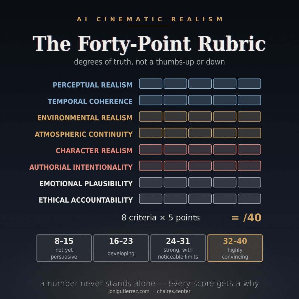 AI Cinematic Realism (AICR) scorecard: The Forty-Point Rubric for evaluating AI-generated film — degrees of truth, not a thumbs-up or down. Eight criteria scored one to five: Perceptual Realism, Temporal Coherence, Environmental Realism, Atmospheric Continuity, Character Realism, Authorial Intentionality, Emotional Plausibility, and Ethical Accountability — eight criteria × five points = a score out of 40. Interpretive tiers: 8–15 not yet persuasive; 16–23 developing; 24–31 strong, with noticeable limits; 32–40 highly convincing. A number never stands alone — every score gets a why.