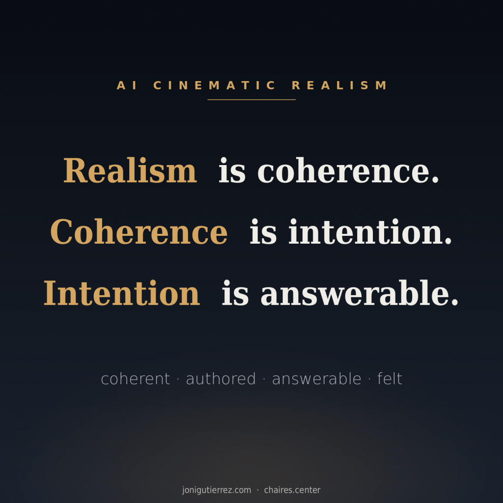 AI Cinematic Realism (AICR) typographic card: the maxim of the framework — "Realism is coherence. Coherence is intention. Intention is answerable." — in amber and cream serif type on a dark background, above the four words coherent, authored, answerable, felt.