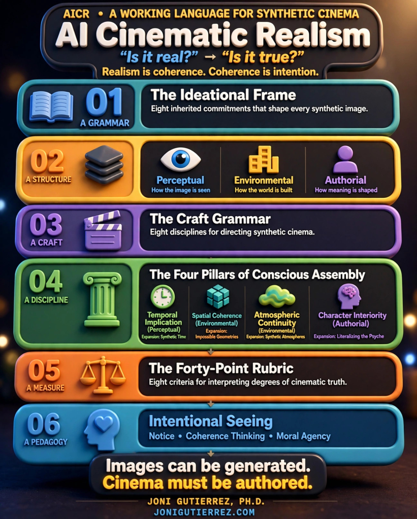 AI Cinematic Realism (AICR) infographic: A Working Language for Synthetic Cinema — the whole framework in six stacked tiers, moving from "Is it real?" to "Is it true?" Header: realism is coherence, coherence is intention. 01, a grammar — The Ideational Frame: eight inherited commitments that shape every synthetic image. 02, a structure — three strata: Perceptual, how the image is seen; Environmental, how the world is built; Authorial, how meaning is shaped. 03, a craft — The Craft Grammar: eight disciplines for directing synthetic cinema. 04, a discipline — The Four Pillars of Conscious Assembly: Temporal Implication (perceptual; expansion, synthetic time), Spatial Coherence (environmental; expansion, impossible geometries), Atmospheric Continuity (environmental; expansion, synthetic atmospheres), and Character Interiority (authorial; expansion, literalizing the psyche). 05, a measure — The Forty-Point Rubric: eight criteria for interpreting degrees of cinematic truth. 06, a pedagogy — Intentional Seeing: noticing, coherence thinking, moral agency. Footer: images can be generated, cinema must be authored. Credit line, Joni Gutierrez, Ph.D., jonigutierrez.com.
