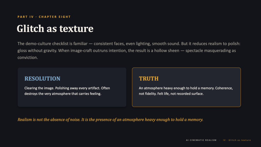 Content slide, dark background. Amber eyebrow: "PART IV · CHAPTER EIGHT." Title: "Glitch as texture." Intro in muted gray: "The demo-culture checklist is familiar — consistent faces, even lighting, smooth sound. But it reduces realism to polish: gloss without gravity. When image-craft outruns intention, the result is a hollow sheen — spectacle masquerading as conviction." Below, two side-by-side panels. Left, blue heading "RESOLUTION" with white text: "Clearing the image. Polishing away every artifact. Often destroys the very atmosphere that carries feeling." Right, amber-outlined, amber heading "TRUTH" with white text: "An atmosphere heavy enough to hold a memory. Coherence, not fidelity. Felt life, not recorded surface." Amber italic caption beneath: "Realism is not the absence of noise. It is the presence of an atmosphere heavy enough to hold a memory." Footer: "AI CINEMATIC REALISM · IV · Glitch as texture."