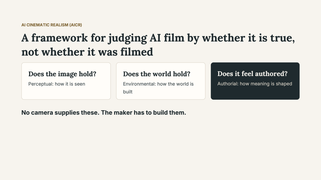 AI Cinematic Realism is introduced as “A framework for judging AI film by whether it is true, not whether it was filmed.” Three panels ask: “Does the image hold?”—perceptual, how it is seen; “Does the world hold?”—environmental, how the world is built; and “Does it feel authored?”—authorial, how meaning is shaped. Below: “No camera supplies these. The maker has to build them.”