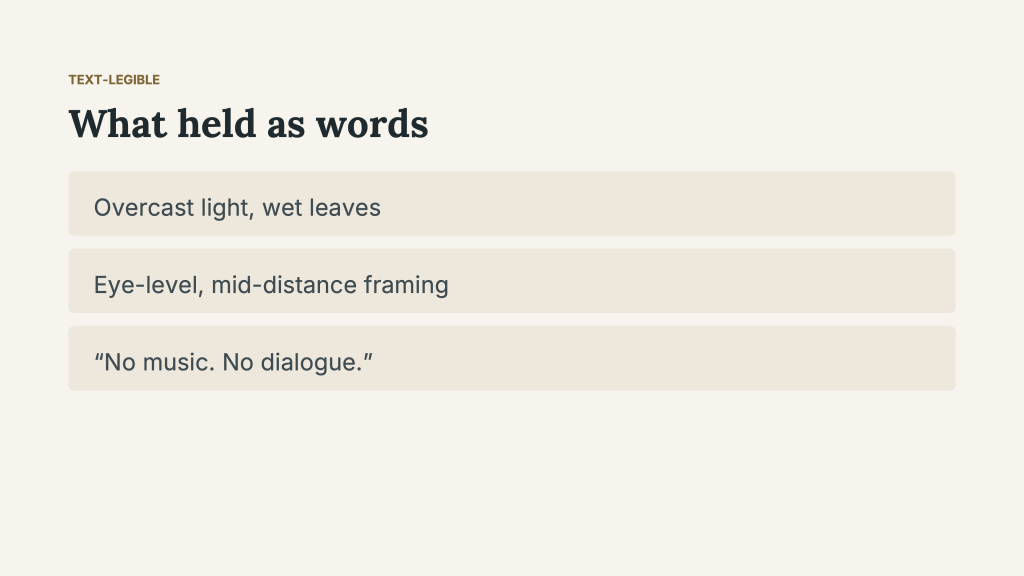 “Text-legible: What held as words.” Three horizontal bands list instructions used in First Lesson: “Overcast light, wet leaves”; “Eye-level, mid-distance framing”; and “No music. No dialogue.” These are examples of the text-legible category in AI Cinematic Realism’s translation layer.