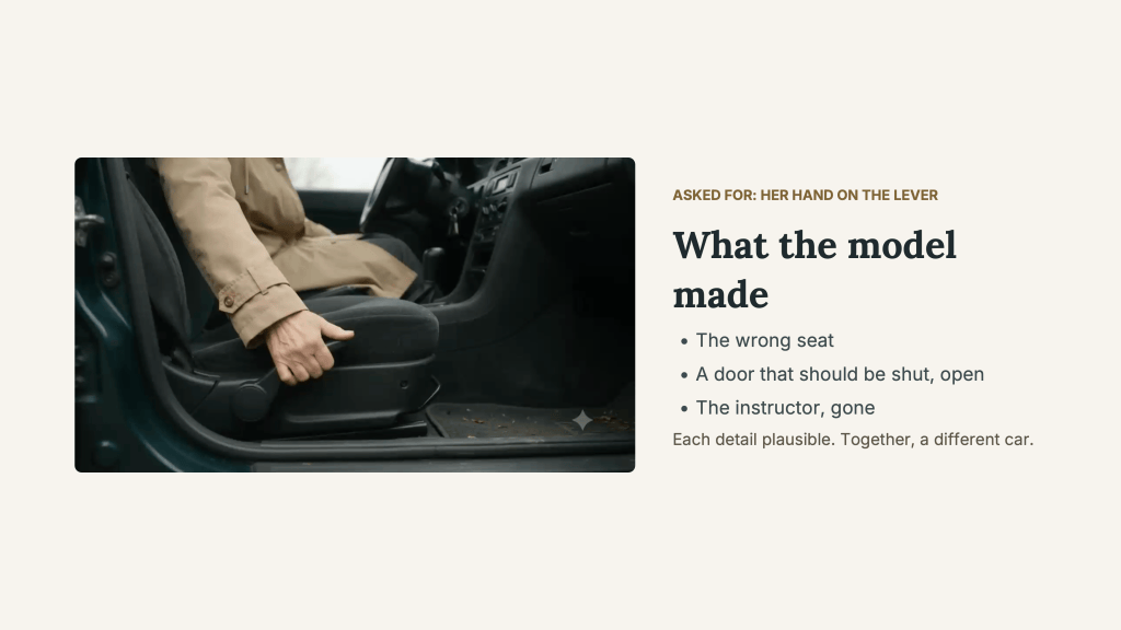 A rejected First Lesson generation shows Rosa’s hand beside a car-seat lever, viewed through an open door. Under “Asked for: her hand on the lever,” the slide identifies three errors: the wrong seat, a door that should be shut appearing open, and the instructor missing. It concludes, “Each detail plausible. Together, a different car.”