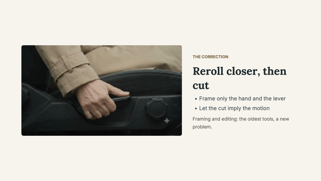 “The correction: Reroll closer, then cut.” A close-up isolates Rosa’s hand on the black seat-adjustment lever beneath her beige sleeve. The instructions are to frame only the hand and lever and let the cut imply the motion. The closing line reads, “Framing and editing: the oldest tools, a new problem.”