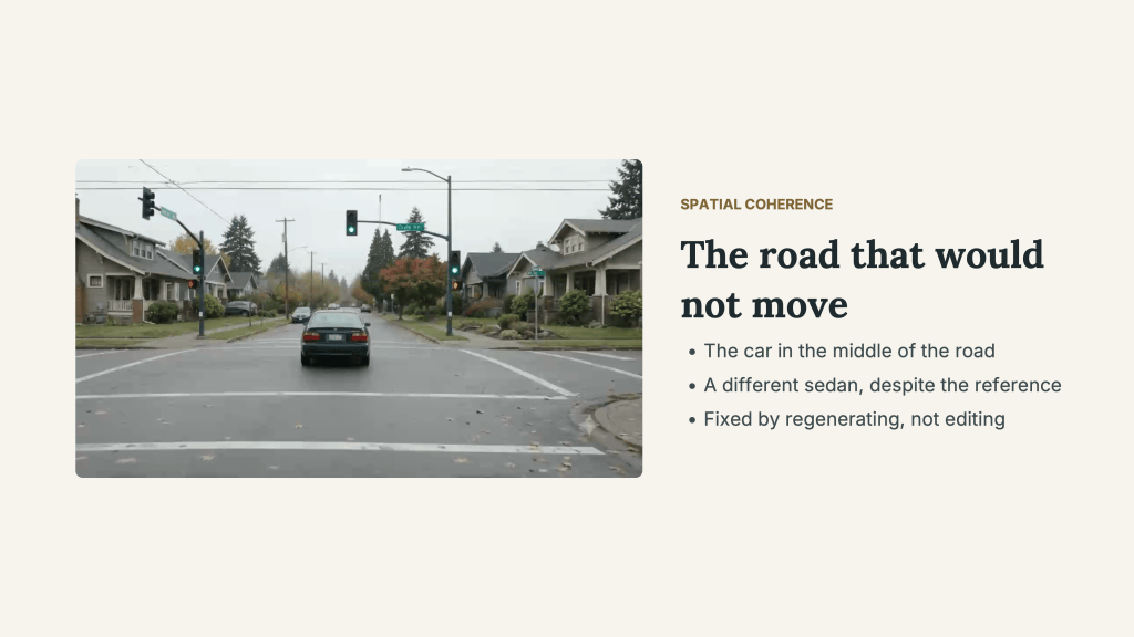 “Spatial coherence: The road that would not move.” A rejected image shows a sedan positioned near the middle of a residential road beneath green traffic lights. The listed problems are a car in the middle of the road and a different sedan despite the reference. The correction required regenerating rather than editing, illustrating an environmental-coherence problem in AI Cinematic Realism.