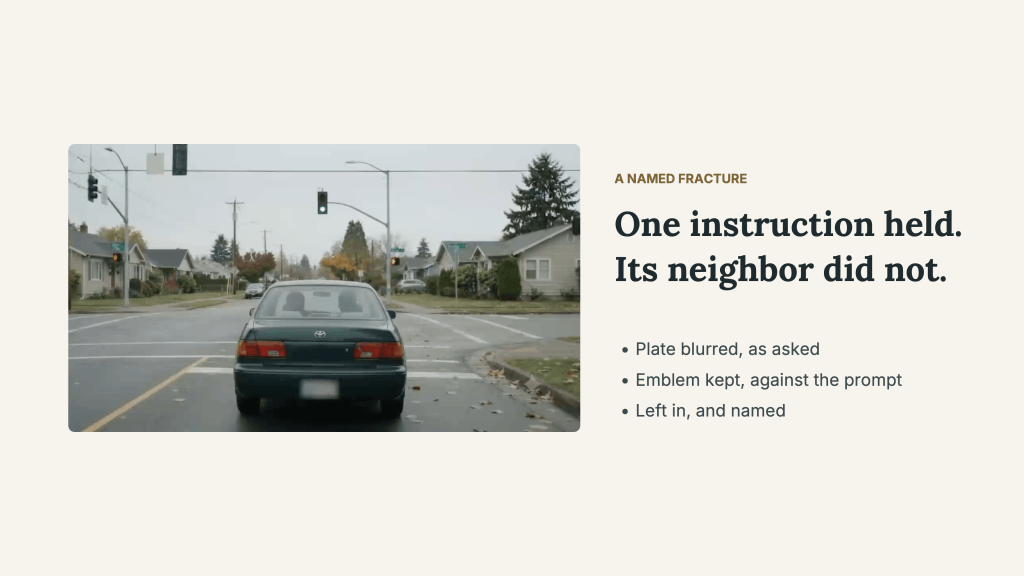 “A named fracture: One instruction held. Its neighbor did not.” A rear view of the green sedan at an intersection shows a blurred license plate and a retained manufacturer emblem. Bullets explain that the plate was blurred as requested, the emblem remained against the prompt, and the deviation was left in and named.