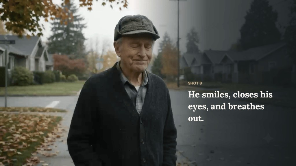 Shot 8 of First Lesson fills the slide: an older man in a dark flat cap and cardigan stands on a leaf-strewn residential corner beneath an overcast sky. His eyes are closed and he has a gentle smile. Overlaid text describes the action: “He smiles, closes his eyes, and breathes out.”