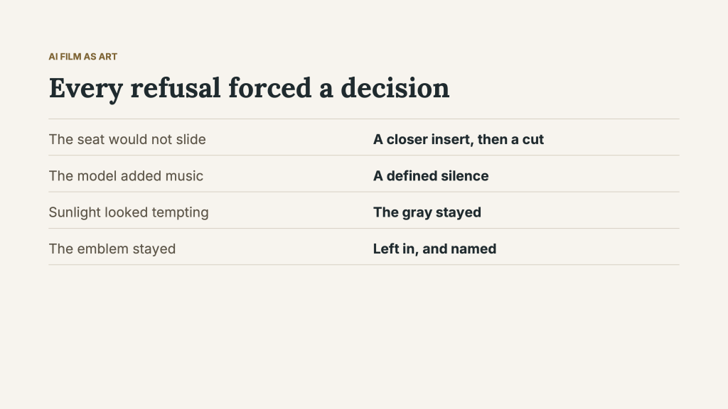 “Every refusal forced a decision.” A table pairs four production issues with authorial responses: the seat would not slide—a closer insert, then a cut; the model added music—a defined silence; sunlight looked tempting—the gray stayed; the emblem stayed—left in, and named. The slide summarizes decisions shaping First Lesson.