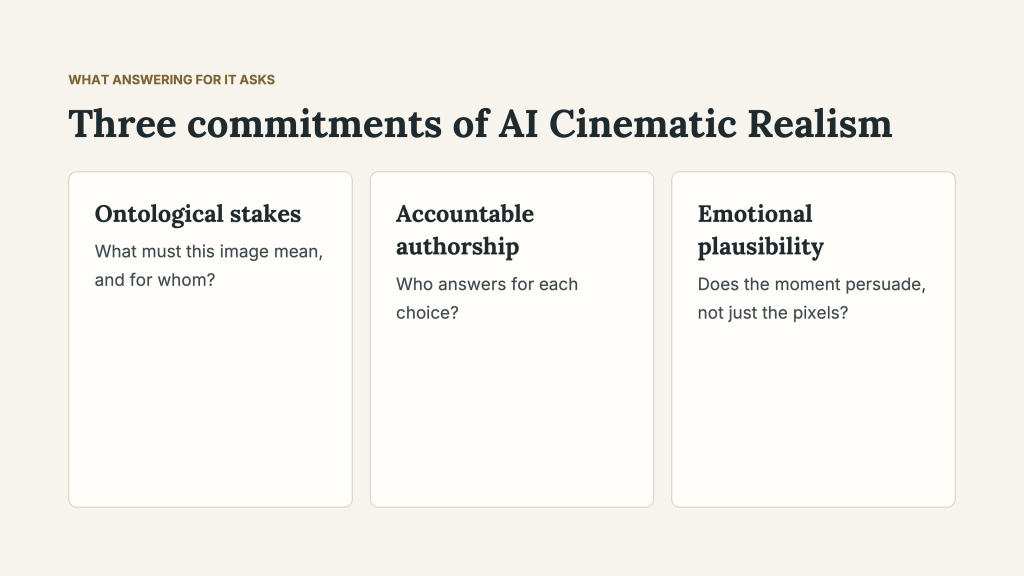 “Three commitments of AI Cinematic Realism.” Three parallel panels define ontological stakes through “What must this image mean, and for whom?”; accountable authorship through “Who answers for each choice?”; and emotional plausibility through “Does the moment persuade, not just the pixels?” The heading above reads, “What answering for it asks.”