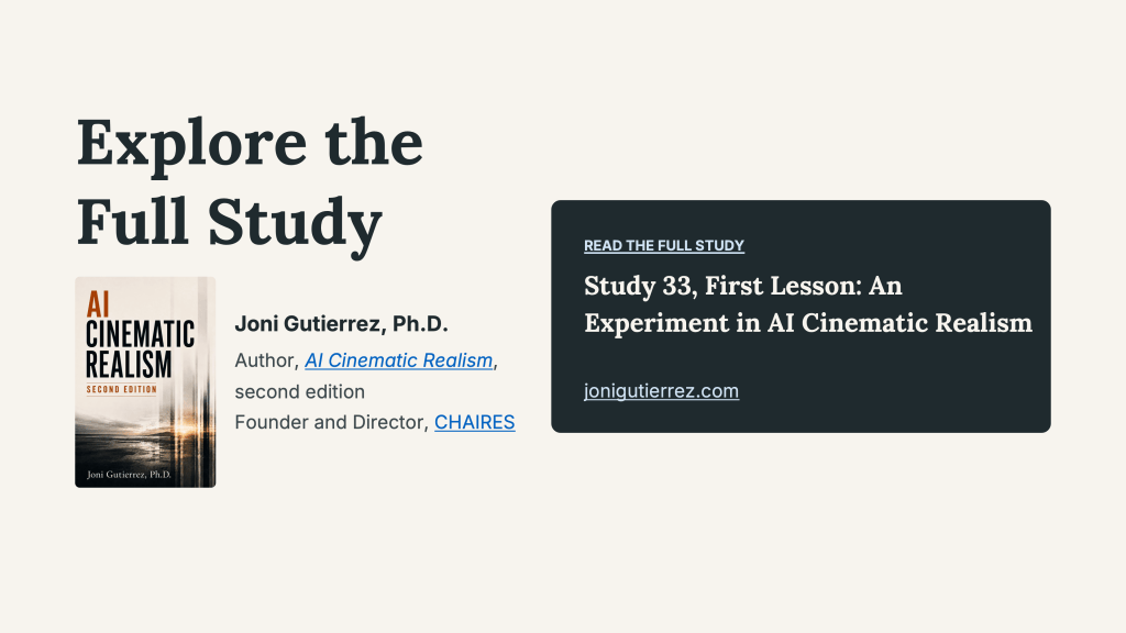 “Explore the Full Study.” Beside the second-edition AI Cinematic Realism book cover, Joni Gutierrez, Ph.D., is identified as the book’s author and founder and director of CHAIRES. A dark panel directs readers to “Study 33, First Lesson: An Experiment in AI Cinematic Realism” at jonigutierrez.com.