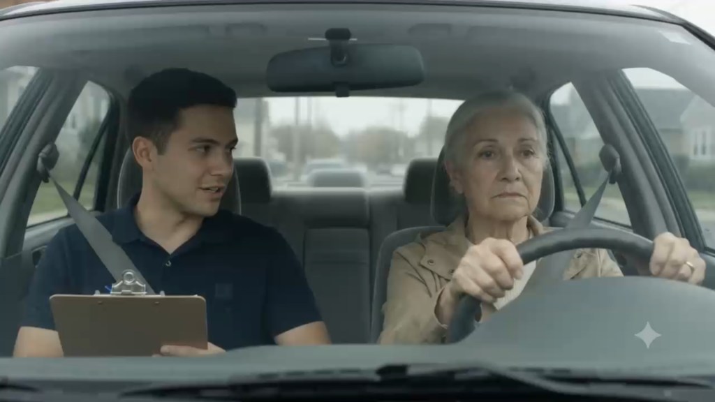 Seen through the windshield, a young man in a navy polo shirt sits in the passenger seat with a clipboard and turns to speak to the older woman at the wheel. She grips the steering wheel with both hands, a wedding ring on one finger, and looks straight ahead with a focused, serious expression. Houses are blurred through the rear window.