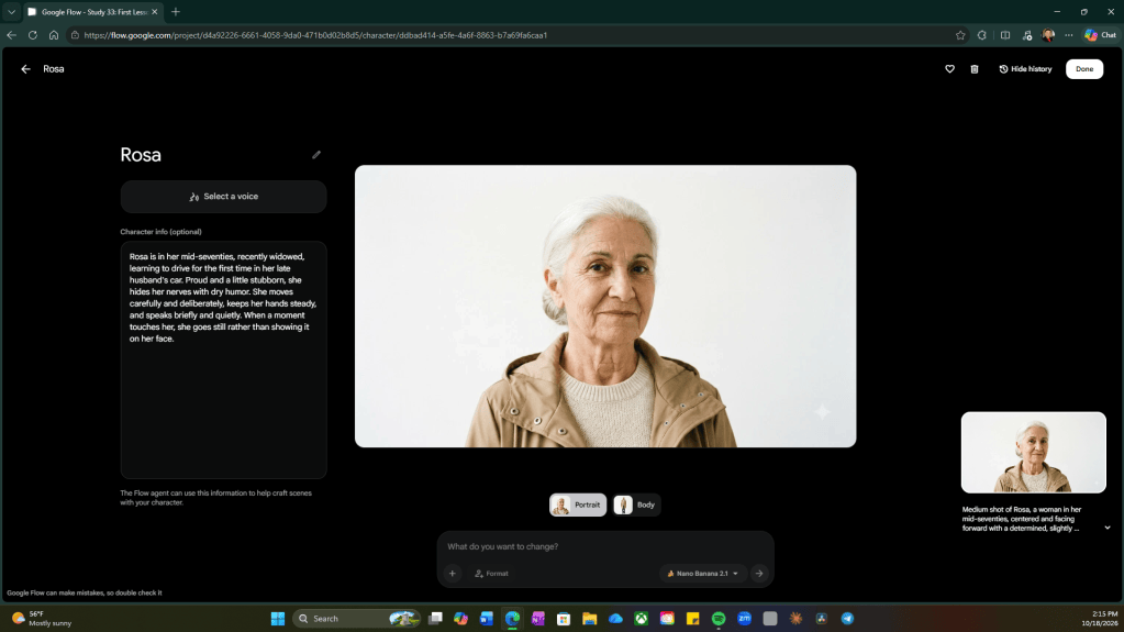 Screenshot of the Google Flow character page titled Rosa. On the left is a button reading Select a voice, with no voice chosen, and a Character info field that reads: Rosa is in her mid-seventies, recently widowed, learning to drive for the first time in her late husband’s car. Proud and a little stubborn, she hides her nerves with dry humor. She moves carefully and deliberately, keeps her hands steady, and speaks briefly and quietly. When a moment touches her, she goes still rather than showing it on her face. Below the field, a note says the Flow agent can use this information to help craft scenes with the character. In the center is a portrait of an older woman with white hair in a bun, wearing a beige jacket over a cream sweater against a white backdrop. Beneath it are Portrait and Body tabs and a prompt box asking What do you want to change, with the Nano Banana 2.1 image model selected.