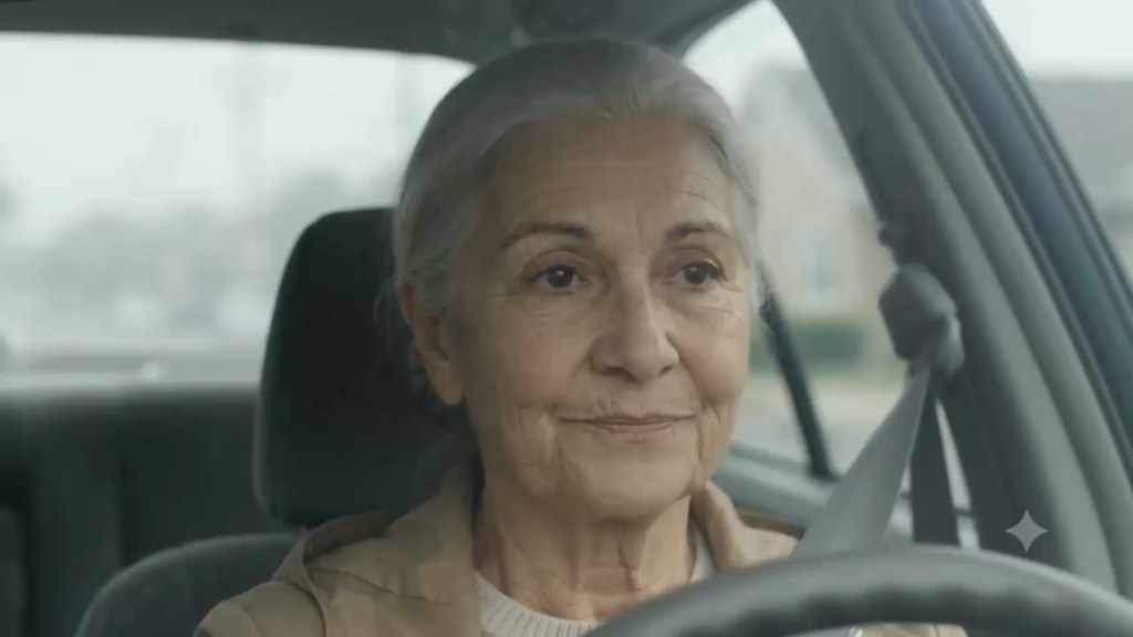 Close-up of the older woman at the wheel, seen from the passenger side. Her eyes are bright and she holds a small, settled smile. Through the window behind her, a gray street is out of focus.