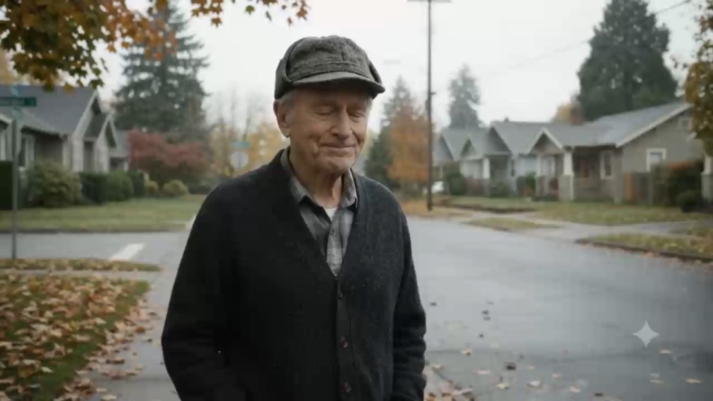 An elderly man in a tweed flat cap and dark cardigan stands on a wet residential corner strewn with autumn leaves. His eyes are closed and he smiles softly. Behind him, an empty street runs past a row of craftsman houses under an overcast sky.