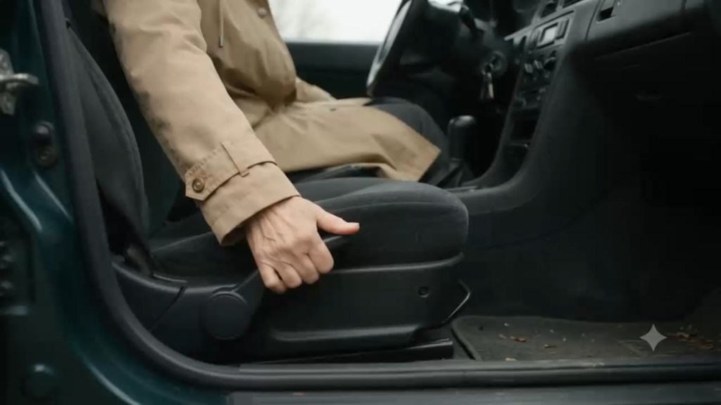 A rejected take, seen through an open car door. A woman’s hand, her beige coat sleeve buttoned at the cuff, grips the lever on the side of the passenger seat. The steering wheel and the keys in the ignition are beyond her, and the instructor who should be sitting in that seat is gone.